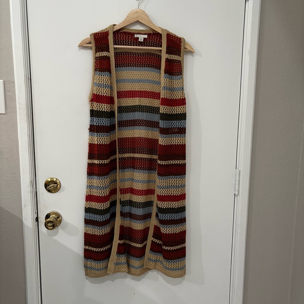 C EST 1946 Crochet Knit Striped Long Cardigan Sweater Size XS Sleeveless Open